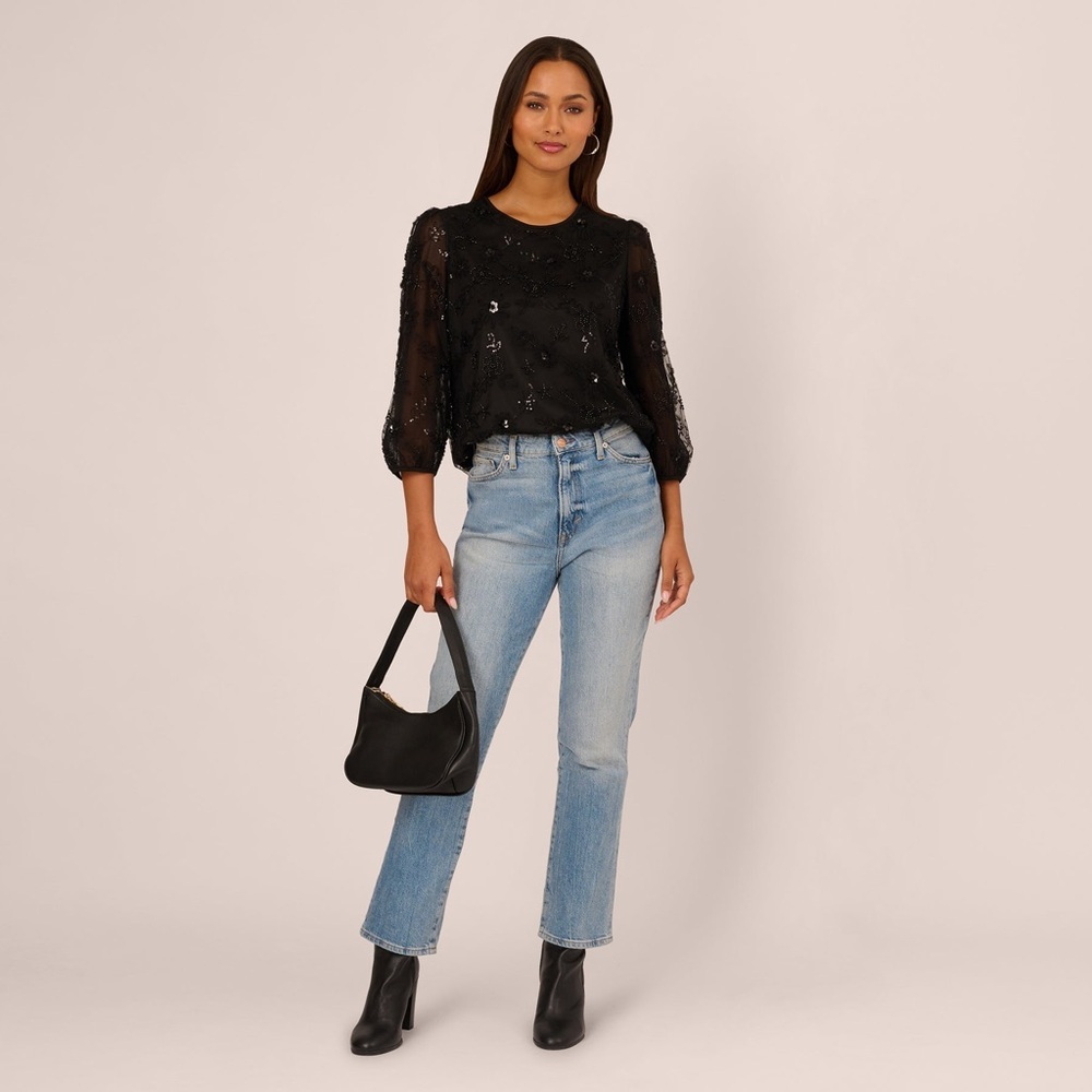NWT Adrianna Papell Three Quarter Sleeve Sequin Bead Top In Black Size Medium